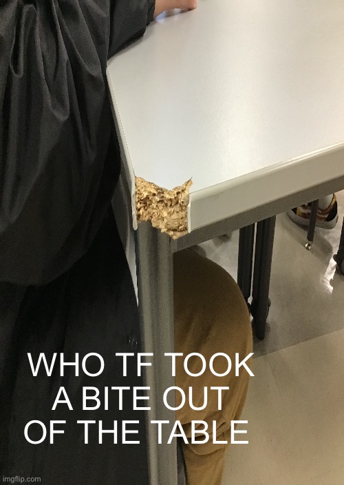 WHO TF TOOK A BITE OUT OF THE TABLE | image tagged in memes | made w/ Imgflip meme maker