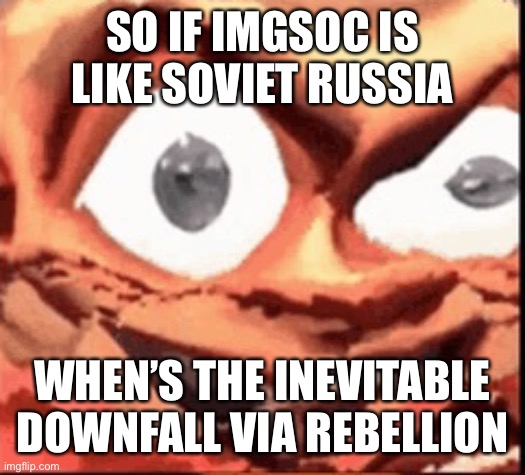 Soldier from the popular game Team Fortress 2 | SO IF IMGSOC IS LIKE SOVIET RUSSIA; WHEN’S THE INEVITABLE DOWNFALL VIA REBELLION | image tagged in soldier from the popular game team fortress 2 | made w/ Imgflip meme maker