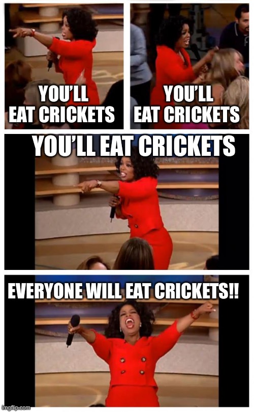 Crickets | YOU’LL EAT CRICKETS; YOU’LL EAT CRICKETS; YOU’LL EAT CRICKETS; EVERYONE WILL EAT CRICKETS!! | image tagged in memes,oprah you get a car everybody gets a car | made w/ Imgflip meme maker