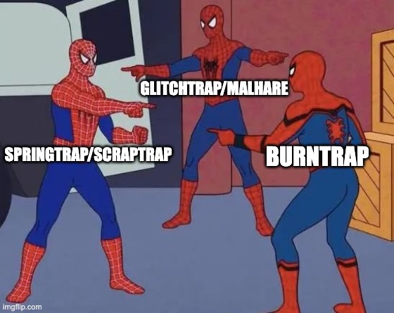 There's too many forms of William Afton | GLITCHTRAP/MALHARE; BURNTRAP; SPRINGTRAP/SCRAPTRAP | image tagged in 3 spiderman pointing | made w/ Imgflip meme maker