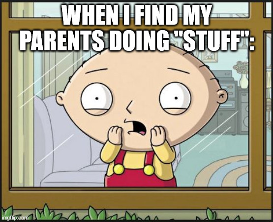 Stewie scared | WHEN I FIND MY PARENTS DOING "STUFF": | image tagged in stewie scared | made w/ Imgflip meme maker