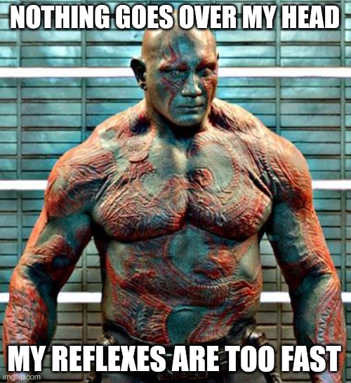 Nothing goes over my head | NOTHING GOES OVER MY HEAD; MY REFLEXES ARE TOO FAST | image tagged in nothing goes over my head | made w/ Imgflip meme maker