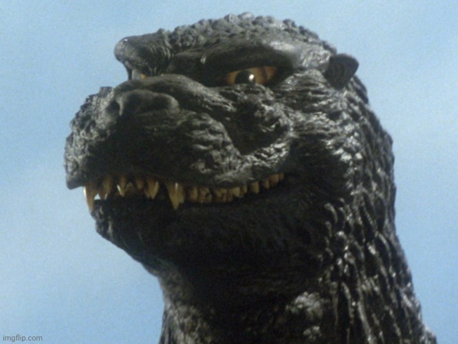 I'm back from school | image tagged in godzilla smile | made w/ Imgflip meme maker