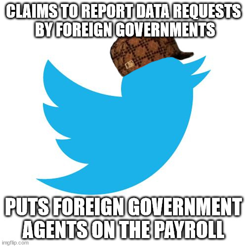 Transparency Theatre | CLAIMS TO REPORT DATA REQUESTS
 BY FOREIGN GOVERNMENTS; PUTS FOREIGN GOVERNMENT AGENTS ON THE PAYROLL | image tagged in twitter birds says | made w/ Imgflip meme maker