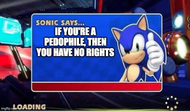 Sonic Says | IF YOU'RE A PEDOPHILE, THEN YOU HAVE NO RIGHTS | image tagged in sonic says | made w/ Imgflip meme maker