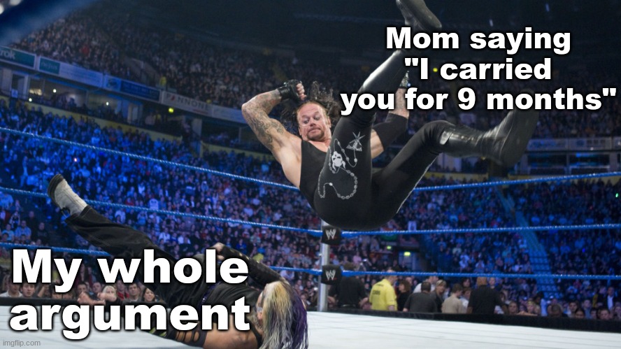 Old meme, new template | Mom saying "I carried you for 9 months"; My whole argument | image tagged in meme smackdown | made w/ Imgflip meme maker