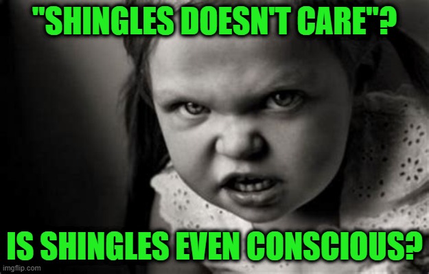 Indifferent or Unconscious? | "SHINGLES DOESN'T CARE"? IS SHINGLES EVEN CONSCIOUS? | image tagged in shingles,alice malice | made w/ Imgflip meme maker