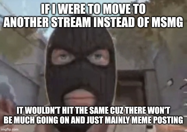 blogol | IF I WERE TO MOVE TO ANOTHER STREAM INSTEAD OF MSMG; IT WOULDN'T HIT THE SAME CUZ THERE WON'T BE MUCH GOING ON AND JUST MAINLY MEME POSTING | image tagged in blogol | made w/ Imgflip meme maker