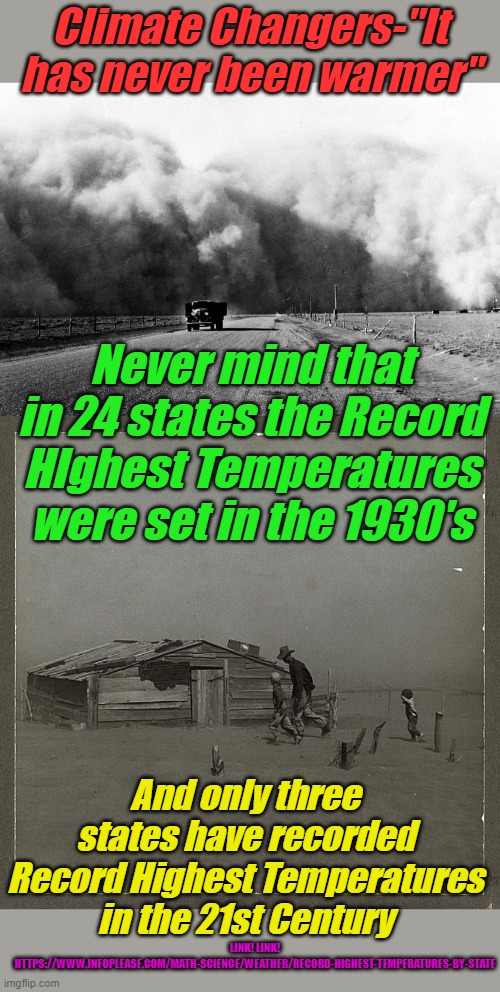 Link! Link! posted in Comments. Facts don't change a thing! We have to save the planet NOW!!!!!! | Climate Changers-"It has never been warmer"; Never mind that in 24 states the Record HIghest Temperatures were set in the 1930's; And only three states have recorded Record Highest Temperatures in the 21st Century; LINK! LINK! HTTPS://WWW.INFOPLEASE.COM/MATH-SCIENCE/WEATHER/RECORD-HIGHEST-TEMPERATURES-BY-STATE | image tagged in dust bowl truck,dust bowl | made w/ Imgflip meme maker