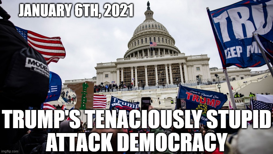 January 6th, 2021  Trump's Tenaciously Stupid attack democracy | JANUARY 6TH, 2021; TRUMP'S TENACIOUSLY STUPID
ATTACK DEMOCRACY | image tagged in 1/6 insurrection capitol riot trump treason white supremacist,stupid,trump,wse,treason,qanon | made w/ Imgflip meme maker