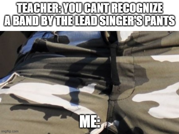 HAHA | TEACHER: YOU CANT RECOGNIZE A BAND BY THE LEAD SINGER'S PANTS; ME: | image tagged in ahah | made w/ Imgflip meme maker