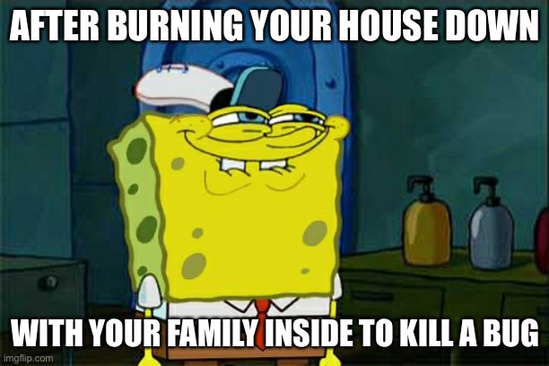 Satisfaction | AFTER BURNING YOUR HOUSE DOWN; WITH YOUR FAMILY INSIDE TO KILL A BUG | image tagged in memes,don't you squidward | made w/ Imgflip meme maker