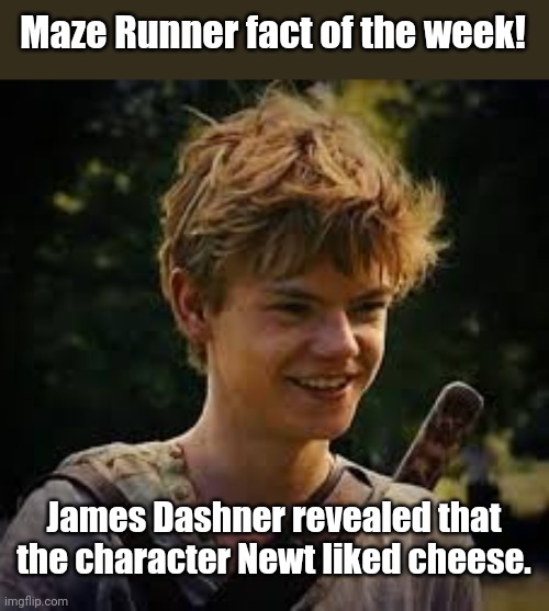 Maze Runner fact of the week! Second one! | Maze Runner fact of the week! James Dashner revealed that the character Newt liked cheese. | image tagged in newt smile,maze runner,facts | made w/ Imgflip meme maker