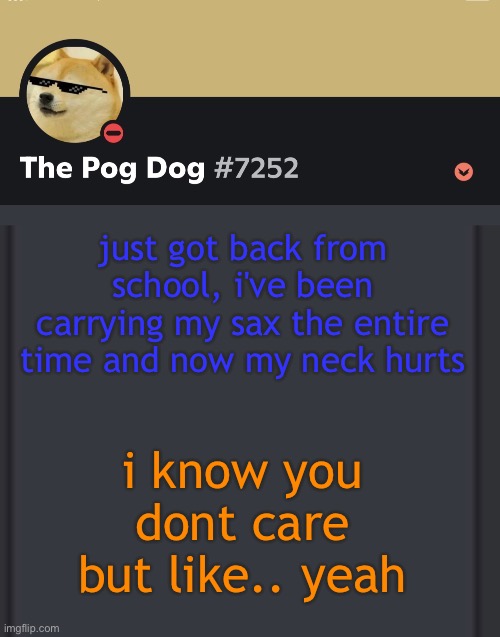 epic doggos epic discord temp | just got back from school, i've been carrying my sax the entire time and now my neck hurts; i know you dont care but like.. yeah | image tagged in epic doggos epic discord temp | made w/ Imgflip meme maker