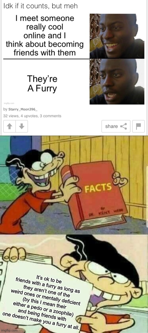 This stream: “and I took that personally.” | It’s ok to be friends with a furry as long as they aren’t one of the weird ones or mentally deficient (by this I mean their either a pedo or a zoophile) and being friends with one doesn’t make you a furry at all. | image tagged in double d facts book | made w/ Imgflip meme maker