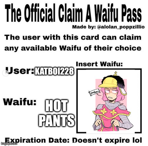 Why is she HOTTT?!?!?! | KATBOI228; HOT PANTS | image tagged in official claim a waifu pass | made w/ Imgflip meme maker
