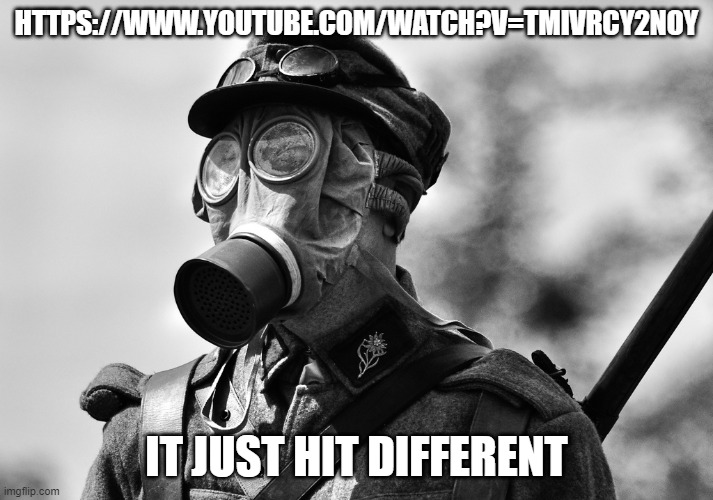 ww1 gas mask | HTTPS://WWW.YOUTUBE.COM/WATCH?V=TMIVRCY2NOY; IT JUST HIT DIFFERENT | image tagged in ww1 gas mask | made w/ Imgflip meme maker