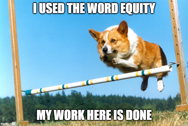 I used the word equity in a sentence - my work is done here | I USED THE WORD EQUITY; MY WORK HERE IS DONE | image tagged in corgi | made w/ Imgflip meme maker