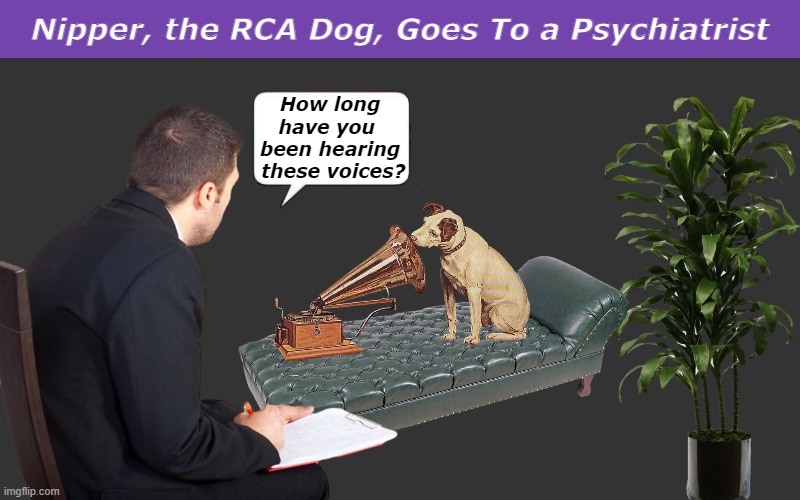 Nipper, the RCA Dog, Goes To a Psychiatrist | image tagged in nipper,psychiatrist,phonograph,funny,memes,his master's voice | made w/ Imgflip meme maker