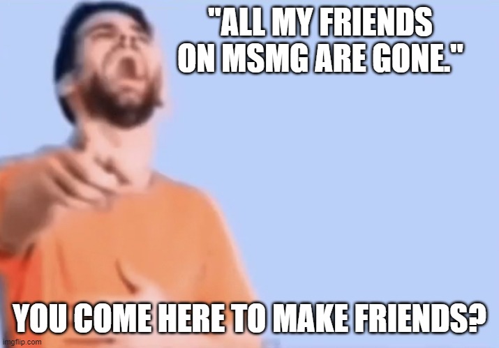 Pointing and laughing | "ALL MY FRIENDS ON MSMG ARE GONE."; YOU COME HERE TO MAKE FRIENDS? | image tagged in pointing and laughing | made w/ Imgflip meme maker