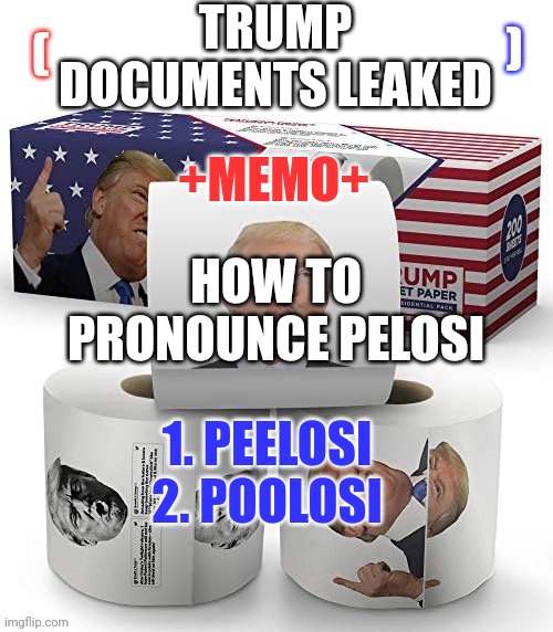 Trump Documents Leaked | +MEMO+; HOW TO PRONOUNCE PELOSI; 1. PEELOSI
2. POOLOSI | image tagged in trump documents leaked template,poolosi,peelosi,tp,memo,donald trump | made w/ Imgflip meme maker