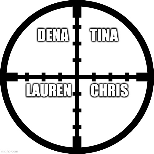 pewpewpew | DENA        TINA; LAUREN       CHRIS | image tagged in sniper sight | made w/ Imgflip meme maker