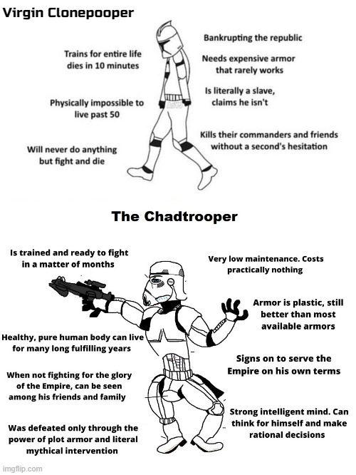 Virgin Clonepooper | image tagged in star wars,virgin vs chad,clone trooper,stormtrooper | made w/ Imgflip meme maker