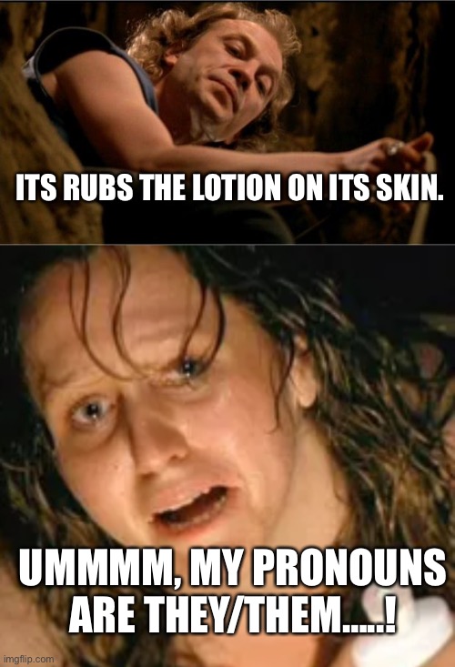 Pronouns | ITS RUBS THE LOTION ON ITS SKIN. UMMMM, MY PRONOUNS ARE THEY/THEM…..! | image tagged in buffalo bill,pronouns | made w/ Imgflip meme maker