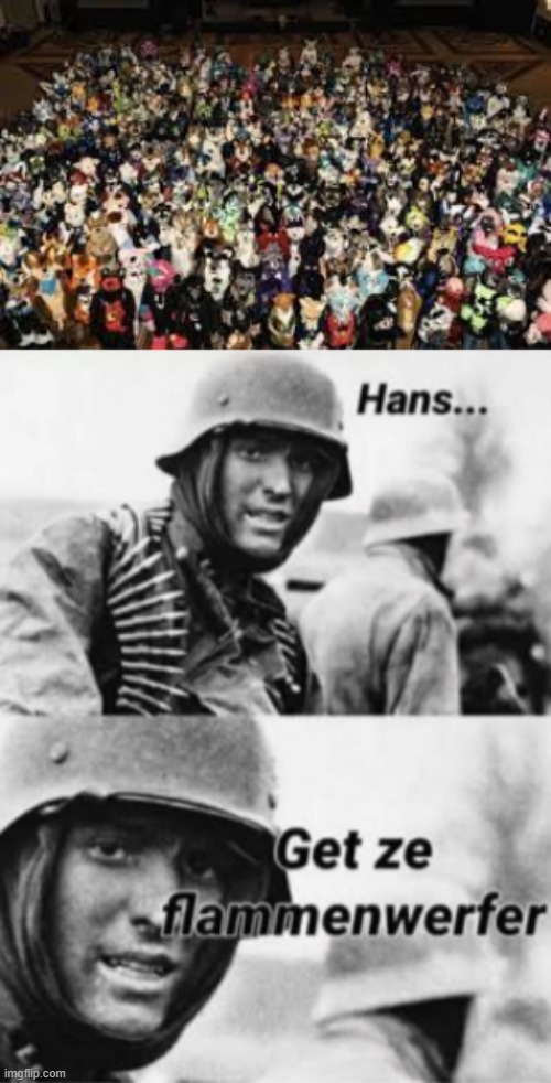 Burn Ze Furries! | image tagged in hans get ze flammenwerfer | made w/ Imgflip meme maker