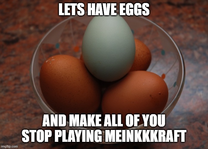 Blue egg among brown eggs | LETS HAVE EGGS; AND MAKE ALL OF YOU STOP PLAYING MEINKKKRAFT | image tagged in blue egg among brown eggs,memes,president_joe_biden | made w/ Imgflip meme maker