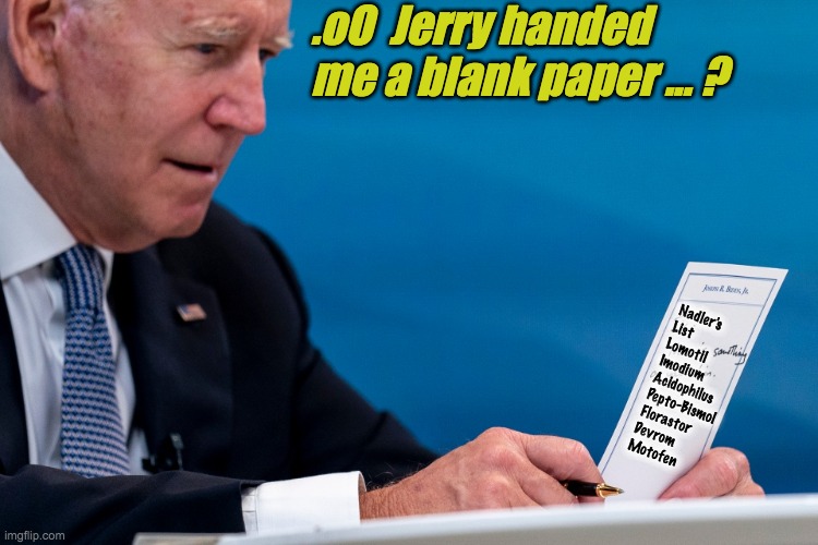 Nadler advises Biden | .oO  Jerry handed me a blank paper ... ? Nadler's List
Lomotil
Imodium
Acidophilus
Pepto-Bismol
Florastor
Devrom
Motofen | image tagged in biden reading,nadler's list | made w/ Imgflip meme maker