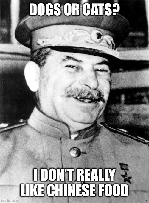 Stalin smile | DOGS OR CATS? I DON’T REALLY LIKE CHINESE FOOD | image tagged in stalin smile | made w/ Imgflip meme maker