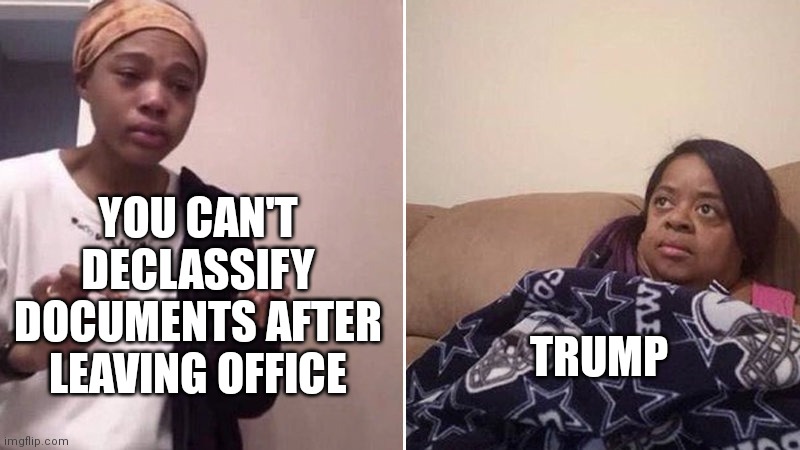 Trump is dumb | YOU CAN'T DECLASSIFY DOCUMENTS AFTER LEAVING OFFICE; TRUMP | image tagged in me explaining to my mom | made w/ Imgflip meme maker