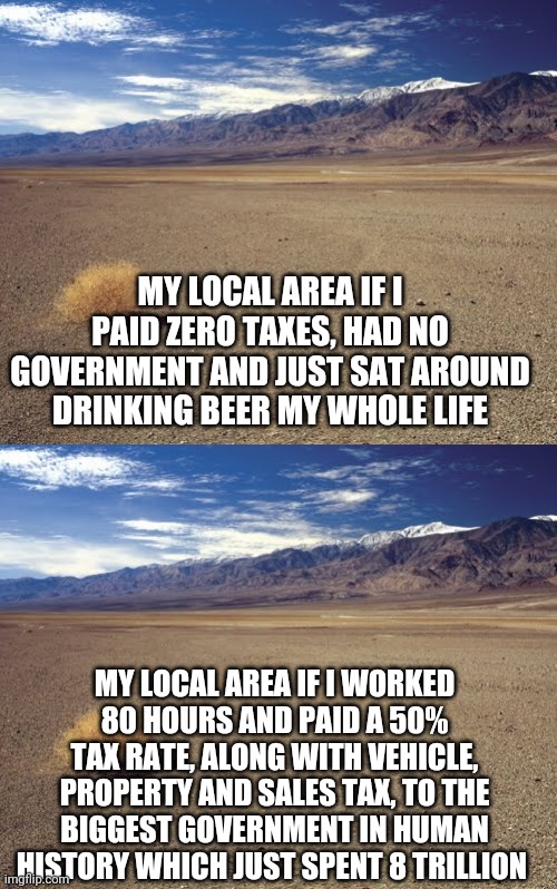 MY LOCAL AREA IF I PAID ZERO TAXES, HAD NO GOVERNMENT AND JUST SAT AROUND DRINKING BEER MY WHOLE LIFE; MY LOCAL AREA IF I WORKED 80 HOURS AND PAID A 50% TAX RATE, ALONG WITH VEHICLE, PROPERTY AND SALES TAX, TO THE BIGGEST GOVERNMENT IN HUMAN HISTORY WHICH JUST SPENT 8 TRILLION | image tagged in desert tumbleweed | made w/ Imgflip meme maker