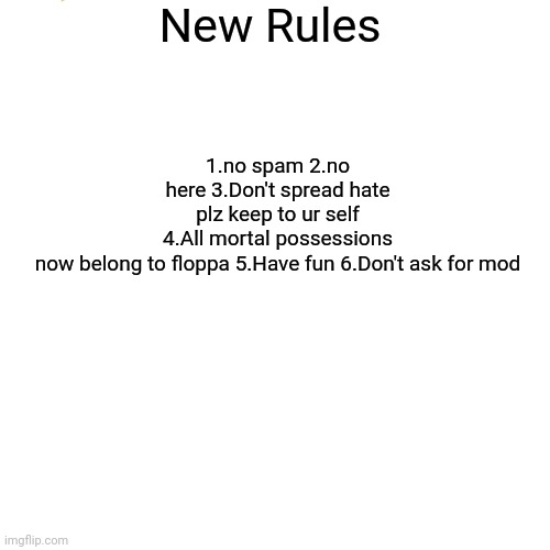 Shout out to:XXX_BOX_YT_TTV_XXX  | New Rules; 1.no spam 2.no here 3.Don't spread hate plz keep to ur self 4.All mortal possessions now belong to floppa 5.Have fun 6.Don't ask for mod | image tagged in memes,rules | made w/ Imgflip meme maker