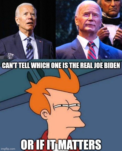 CAN'T TELL WHICH ONE IS THE REAL JOE BIDEN; OR IF IT MATTERS | image tagged in joe biden,memes,futurama fry | made w/ Imgflip meme maker