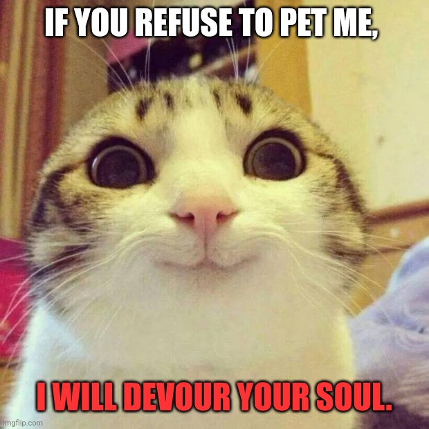 Don't trust everything cute. | IF YOU REFUSE TO PET ME, I WILL DEVOUR YOUR SOUL. | image tagged in memes,smiling cat | made w/ Imgflip meme maker