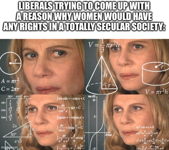 Remember kids lionesses hunt, but nonetheless their pride is still ruled by a lion | LIBERALS TRYING TO COME UP WITH A REASON WHY WOMEN WOULD HAVE ANY RIGHTS IN A TOTALLY SECULAR SOCIETY: | image tagged in calculating meme | made w/ Imgflip meme maker