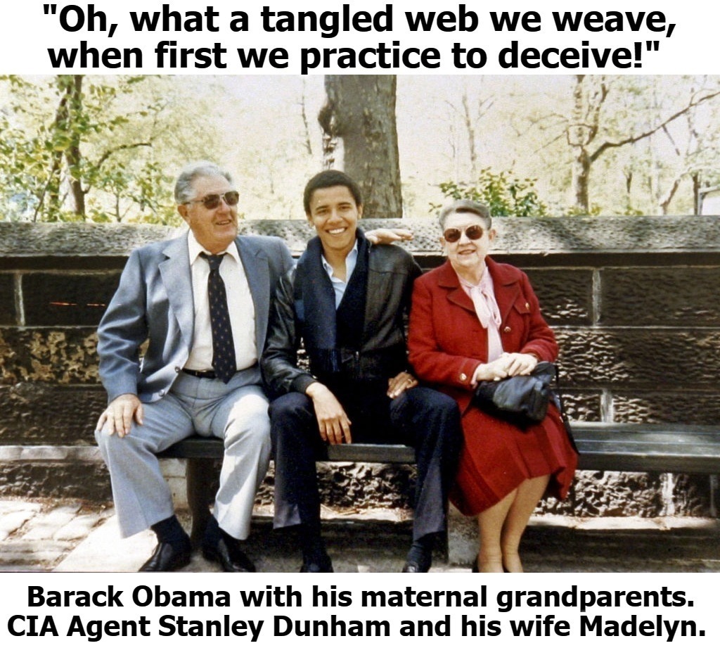 The Web We Weave | image tagged in barack obama,grandparents,cia agent,stanley dunham,bush family reunion,no honor among thieves | made w/ Imgflip meme maker