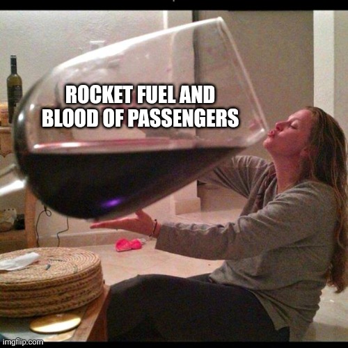 Wine Drinker | ROCKET FUEL AND BLOOD OF PASSENGERS | image tagged in wine drinker | made w/ Imgflip meme maker
