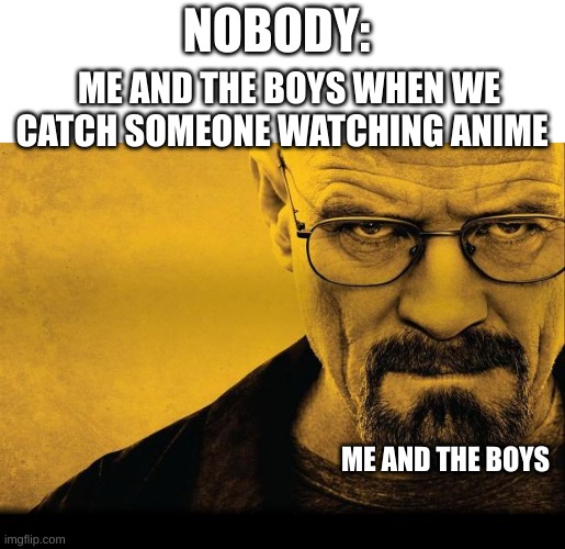 this hits to close to home man | NOBODY:; ME AND THE BOYS WHEN WE CATCH SOMEONE WATCHING ANIME; ME AND THE BOYS | image tagged in breaking bad | made w/ Imgflip meme maker