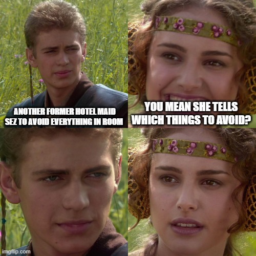 evathang | ANOTHER FORMER HOTEL MAID SEZ TO AVOID EVERYTHING IN ROOM; YOU MEAN SHE TELLS WHICH THINGS TO AVOID? | image tagged in anakin padme 4 panel | made w/ Imgflip meme maker