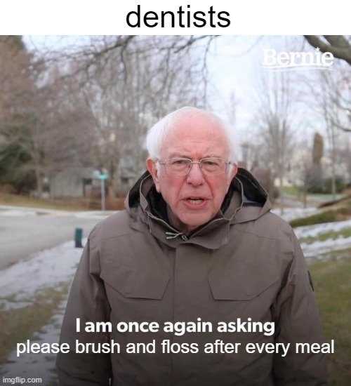 Bernie I Am Once Again Asking For Your Support | dentists; please brush and floss after every meal | image tagged in memes,bernie i am once again asking for your support,dentists,bernie sanders,childhood,brushing teeth | made w/ Imgflip meme maker