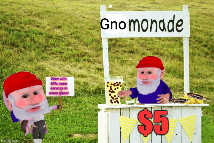 Try to guess what the secret ingredient is... | Gno $5 Now with 69% more earwigs in every glass! | image tagged in lemonade stand,gnomes,earwigs,suck it down | made w/ Imgflip meme maker