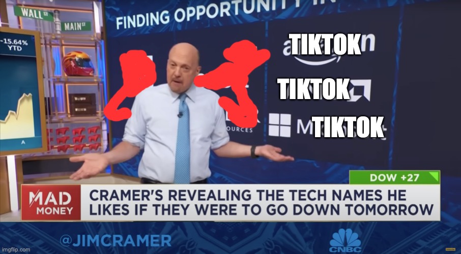 tiktok should go down (opinion) | TIKTOK; TIKTOK; TIKTOK | image tagged in cramer | made w/ Imgflip meme maker