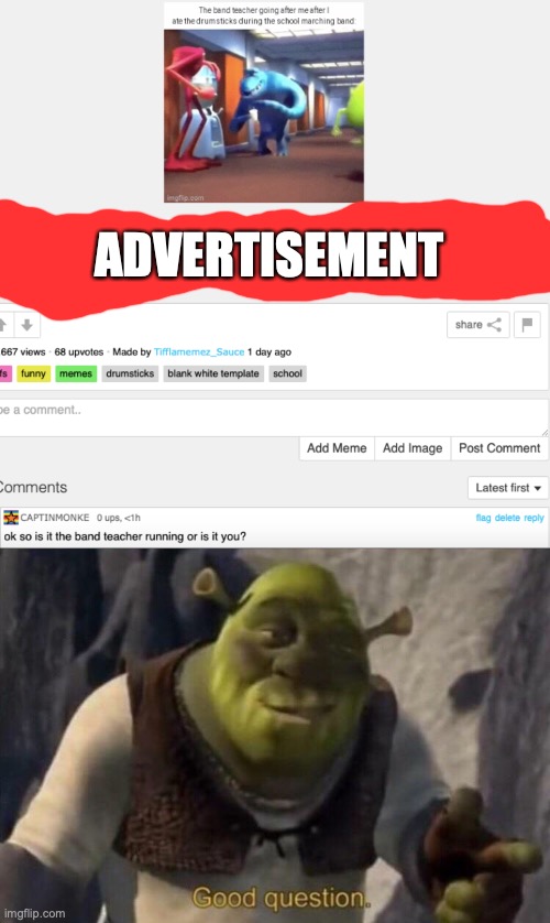 (insert clever title here) and also yes I know it's my own comment but still | ADVERTISEMENT | image tagged in shrek good question | made w/ Imgflip meme maker