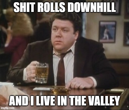 Cheers Norm | SHIT ROLLS DOWNHILL AND I LIVE IN THE VALLEY | image tagged in cheers norm | made w/ Imgflip meme maker