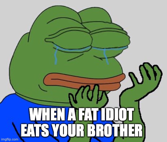 WHEN A FAT IDIOT EATS YOUR BROTHER | image tagged in pepe cry | made w/ Imgflip meme maker