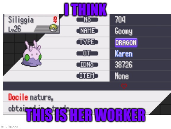 Have from Wonder Trade | I THINK; THIS IS HER WORKER | image tagged in pokemon,pokemon memes | made w/ Imgflip meme maker