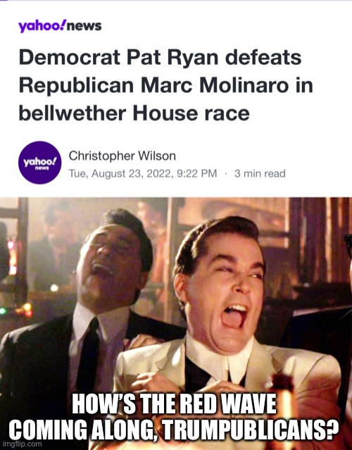 Bad sign for the Trumpublicans. | HOW’S THE RED WAVE COMING ALONG, TRUMPUBLICANS? | image tagged in memes,good fellas hilarious,pat ryan,marc molinaro,special election | made w/ Imgflip meme maker